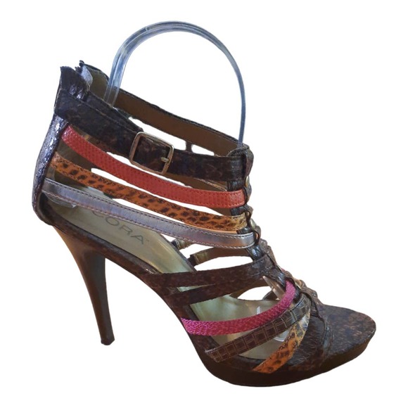 Icora Brown Pink Strappy Open Toe Mixed Media Heels Size 8 - Picture 2 of 11